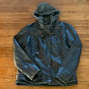 Mo Ka leather like bomber style jacket with hood. NWOT